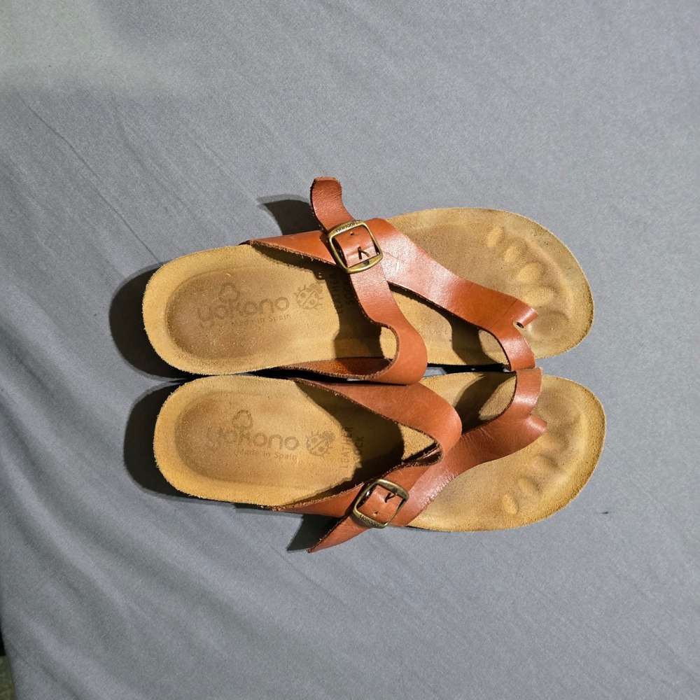 Yokono Leather Slide Sandals Women Size 9 Brown Buckle Cork Made in Spain